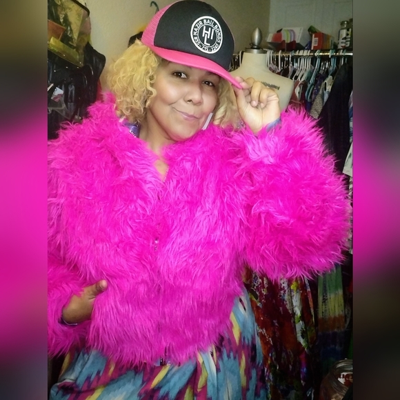 Hot Pink Shag Faux Fur Bomber zip up Hoodie Festival Rave Club - Picture 2 of 4